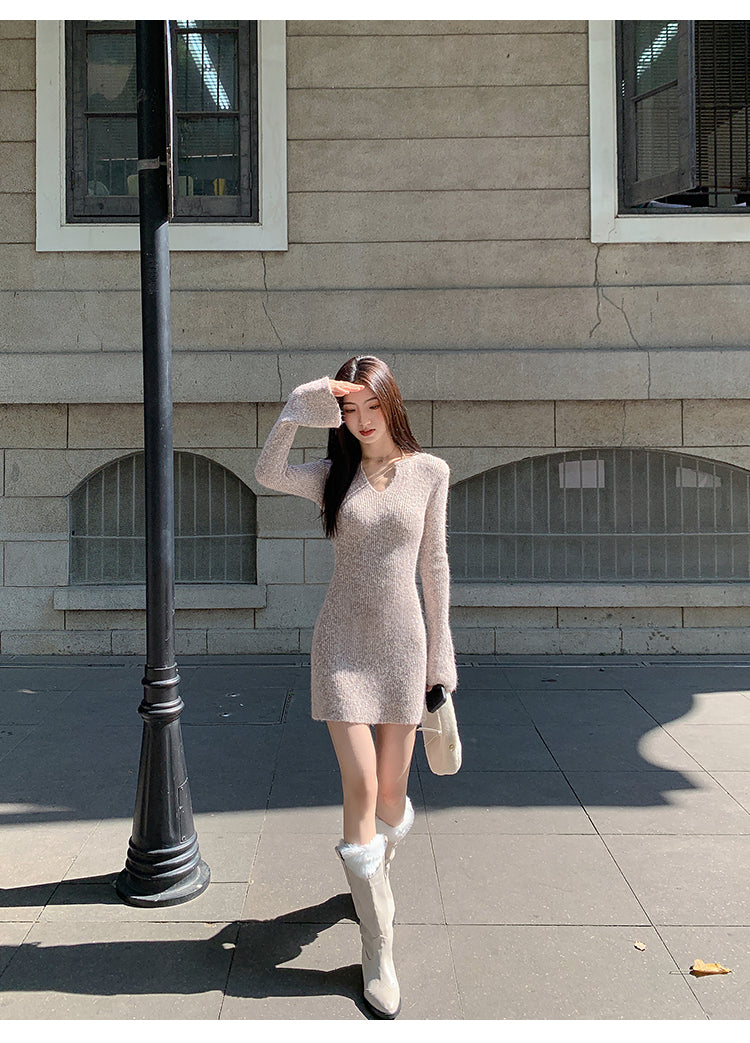 MULVAN MULVAN Women's Sexy V-Neck Sweater Dress, Fall/Winter, Slim Fit, Waistband, Bodycon Mini Skirt