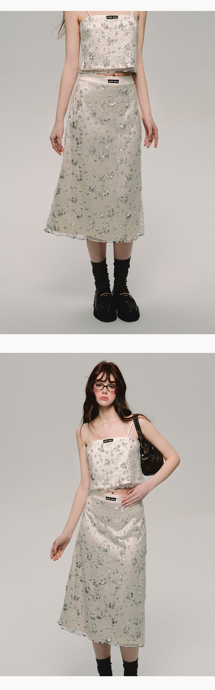 Oakmoo "Under the oak tree" linen sequin studded tank top and skirt set