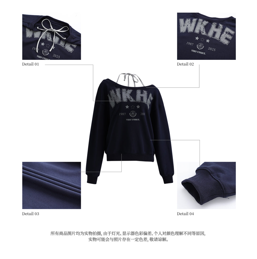 2025 new autumn and winter American style off-shoulder sweatshirt with long sleeves and clear collar Korean style WeekendHub