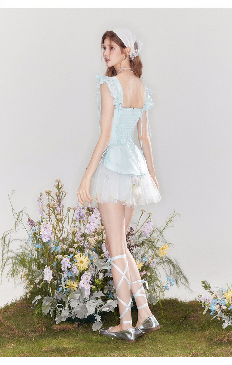 "Love & Reverie" Flowy satin ballgown with puff sleeves and a fitted waist.