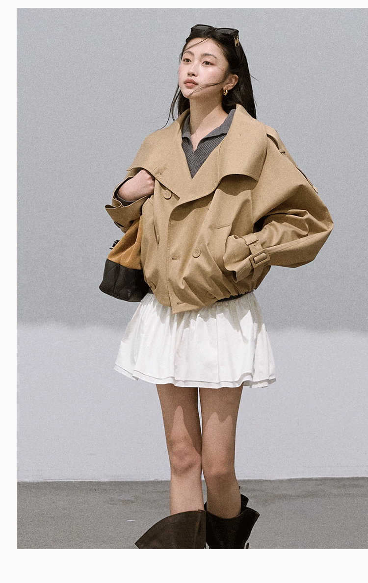 Oakmoo "Through the Oak Woods" Short Double-Breasted Lyocell Cotton Stand Collar Trench Coat