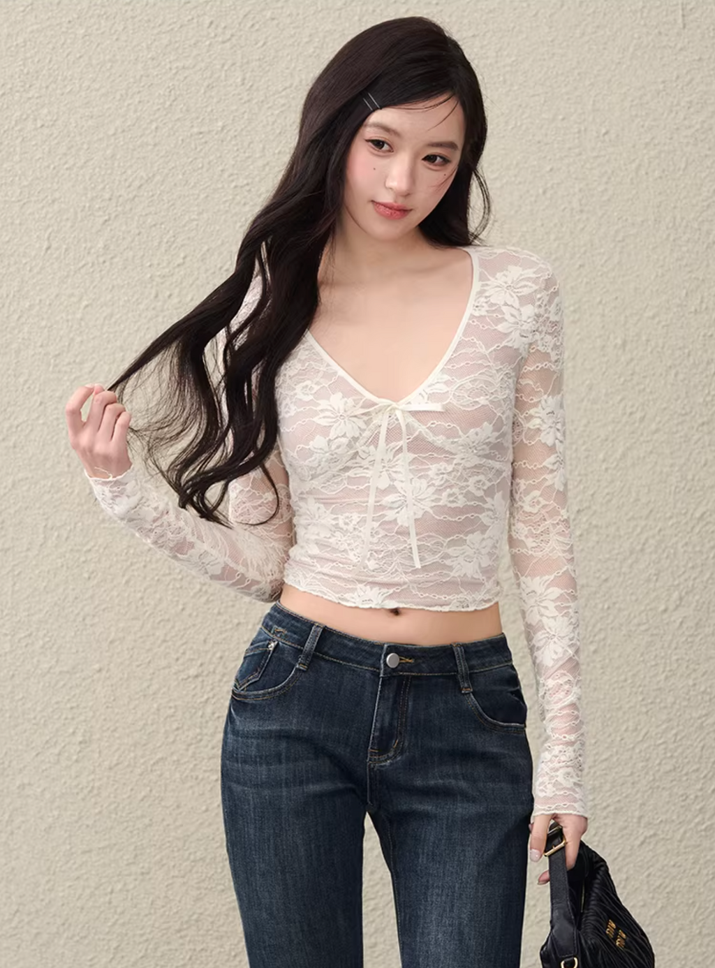 OIOIESSE Women's sexy and innocent lace tie top, stretchy white mesh material, inner lining