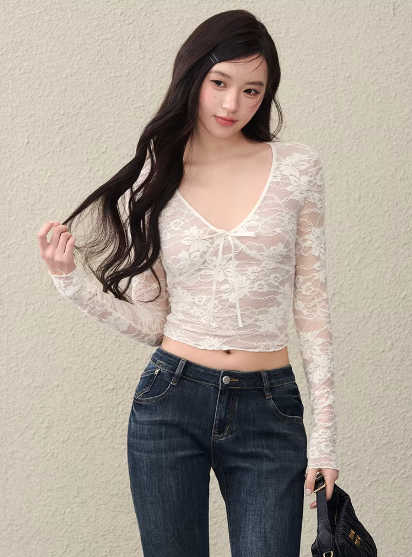 OIOIESSE Women's sexy and innocent lace tie top, stretchy white mesh material, inner lining