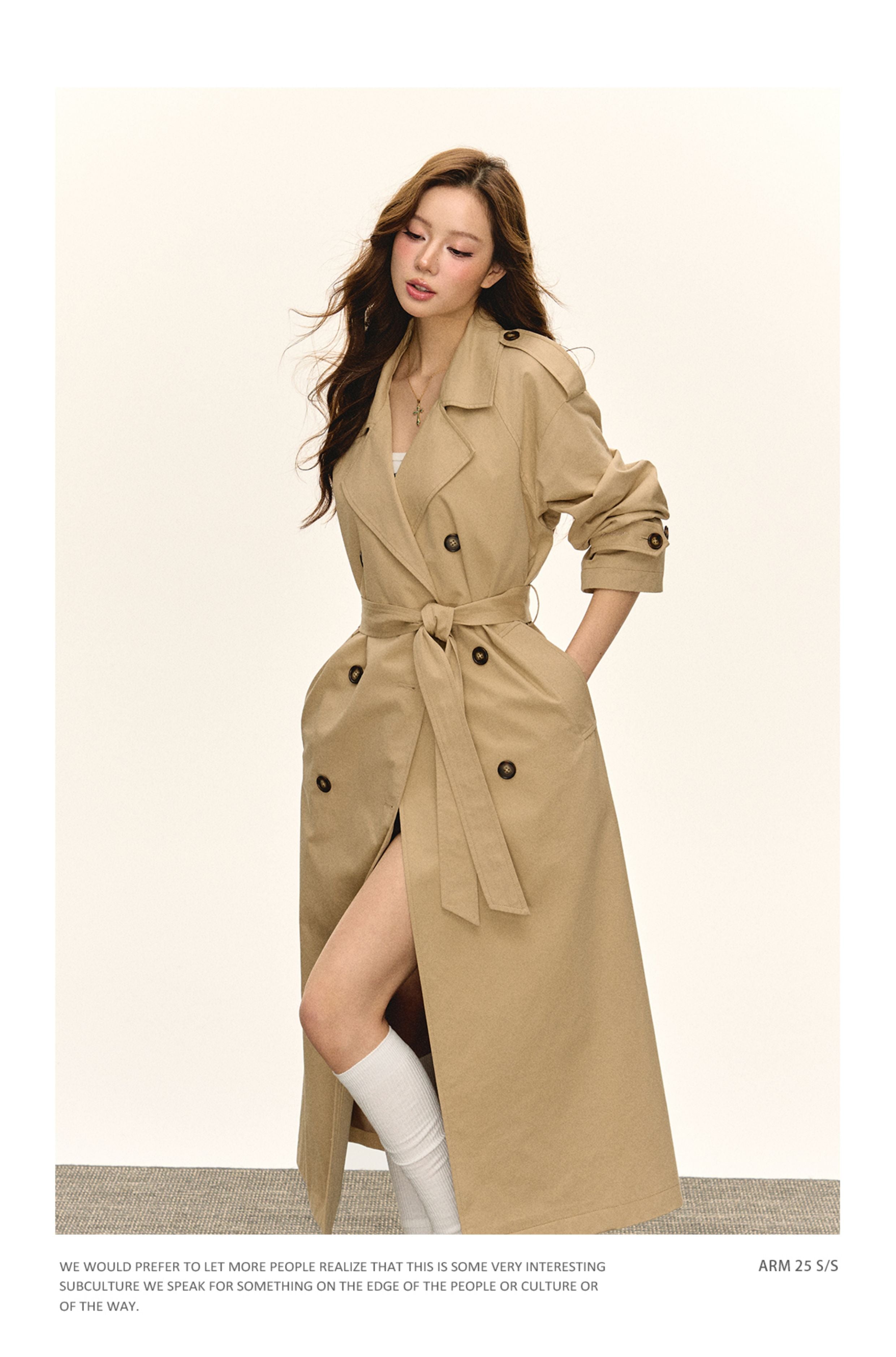 Ariseism Women's Autumn Vintage Khaki Double-breasted Turn-down Lapel Windbreaker Jacket