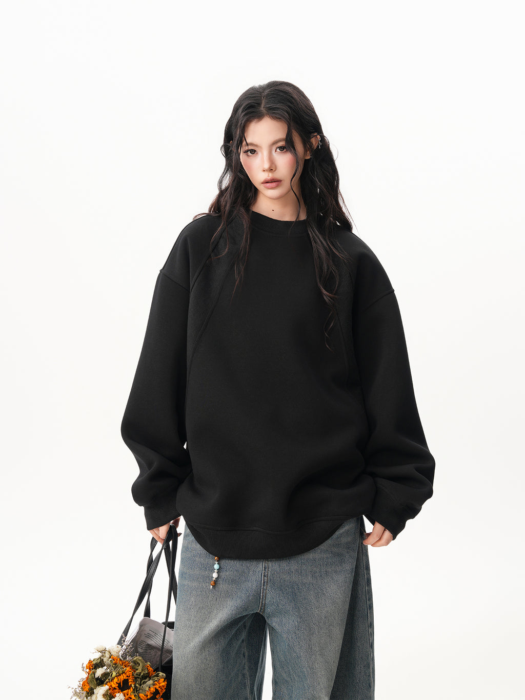 BWKA Thick cotton round neck sweatshirt, stitching for men and women, premium solid color t-shirt, loose fit, casual for couples