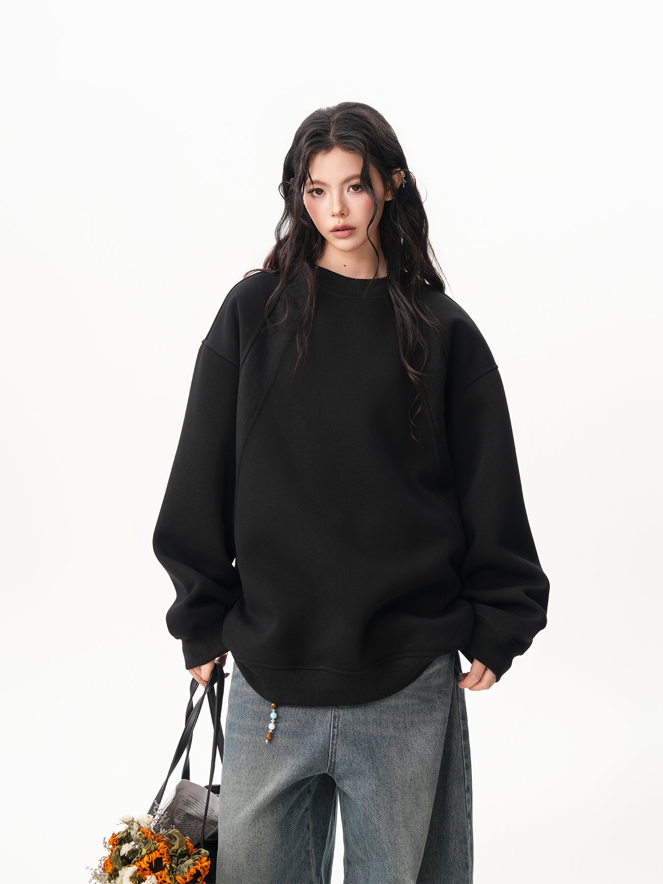 BWKA Thick cotton round neck sweatshirt, stitching for men and women, premium solid color t-shirt, loose fit, casual for couples