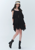 LaluneDuCiel Square neck flared lace dress, thick material, retro style, suitable for beach vacations.