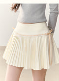 UMOUMO Mushroom-style high-waisted pleated midi skirt, lace trim and bow, figure-flattering A-line pleated skirt