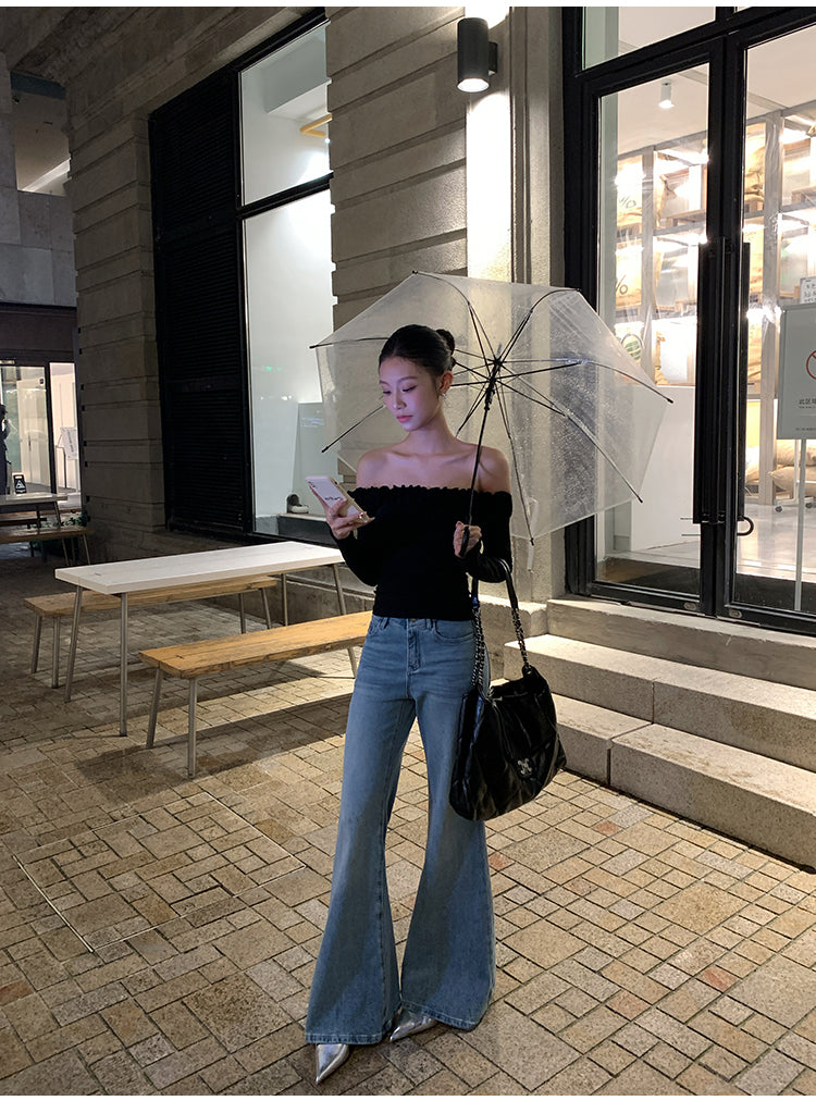 PUSUMEDE 3D rose pattern one-shoulder long-sleeved T-shirt for women, body-hugging design