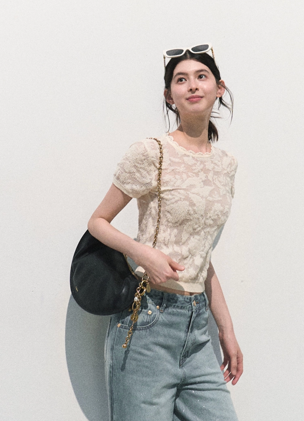 OAKMOO / "Two Summers" Bohemian organza jacquard short-sleeve knitted t-shirt with hollow out top