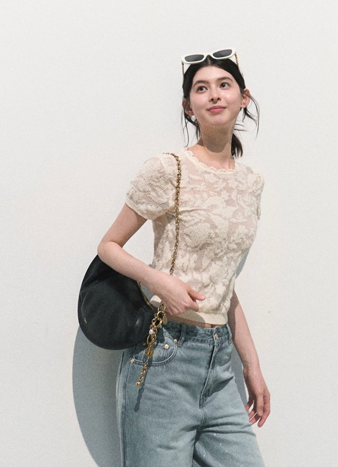 OAKMOO / "Two Summers" Bohemian organza jacquard short-sleeve knitted t-shirt with hollow out top
