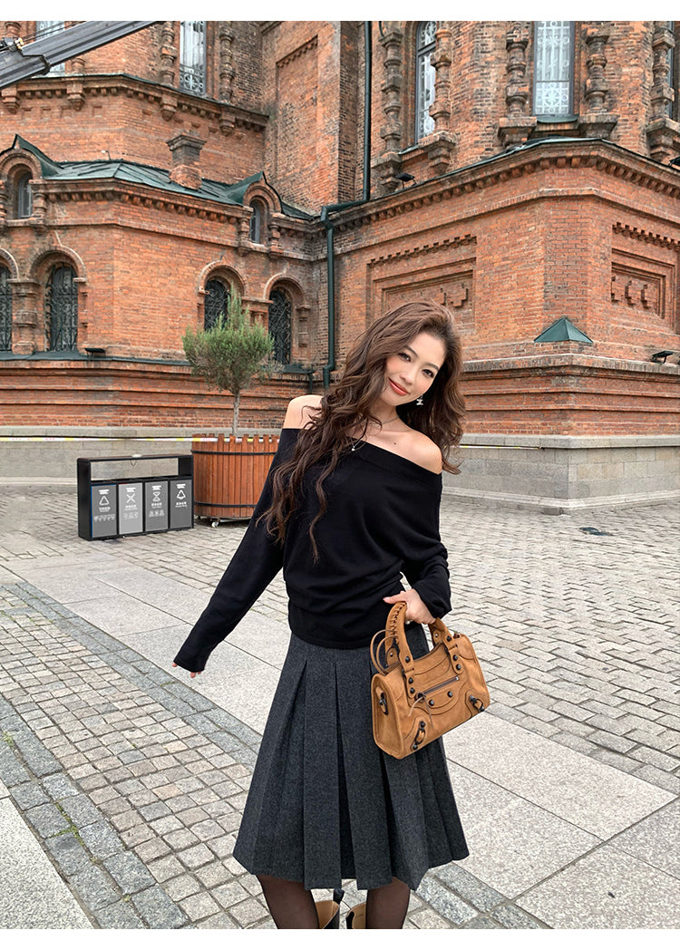 Pusumede one shoulder long sleeve sweater original color temperament female design cross shoulder t-shirt