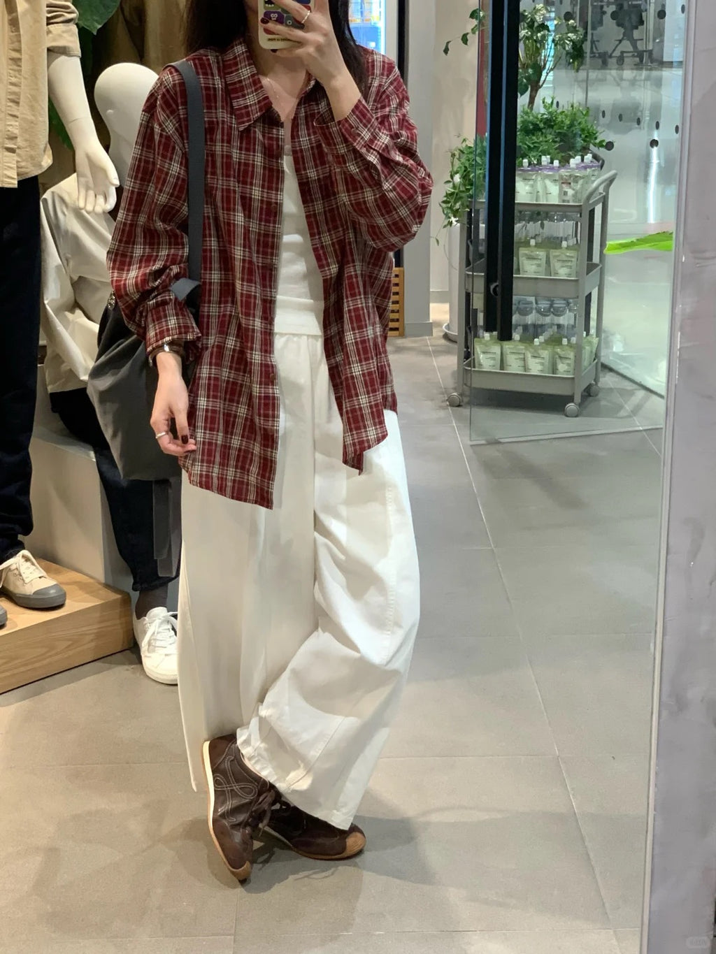 Red and white plaid loose-fit shirt