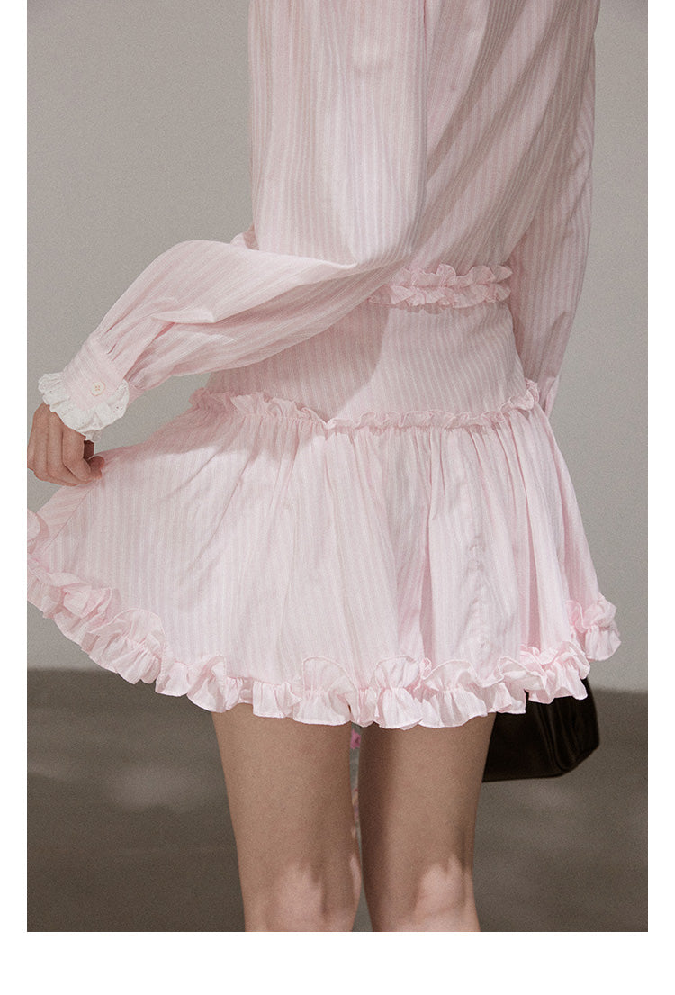 Set "Mist Color Dreamweaver" Women's French ruffled long sleeve shirt and designer mini skirt