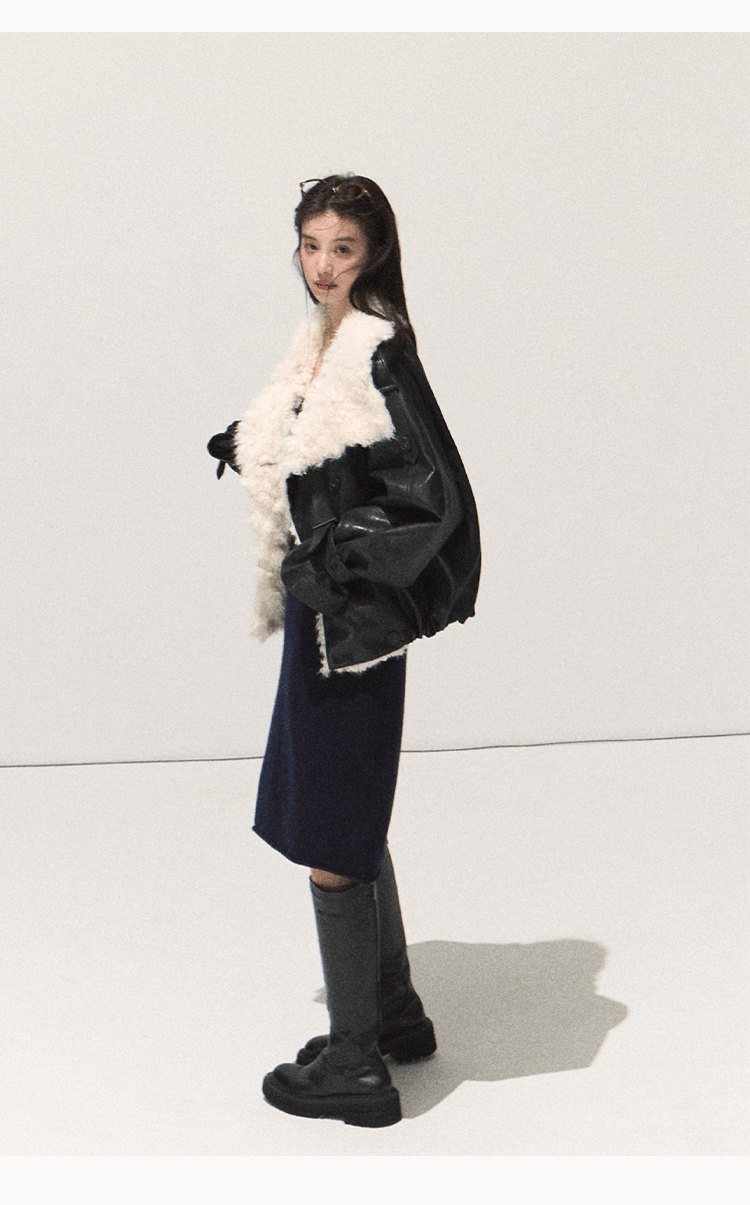 OAKMOO "One Night Osmanthus Tree" Women's Soft Fleece Short Leather Jacket Thick Lapel Winter