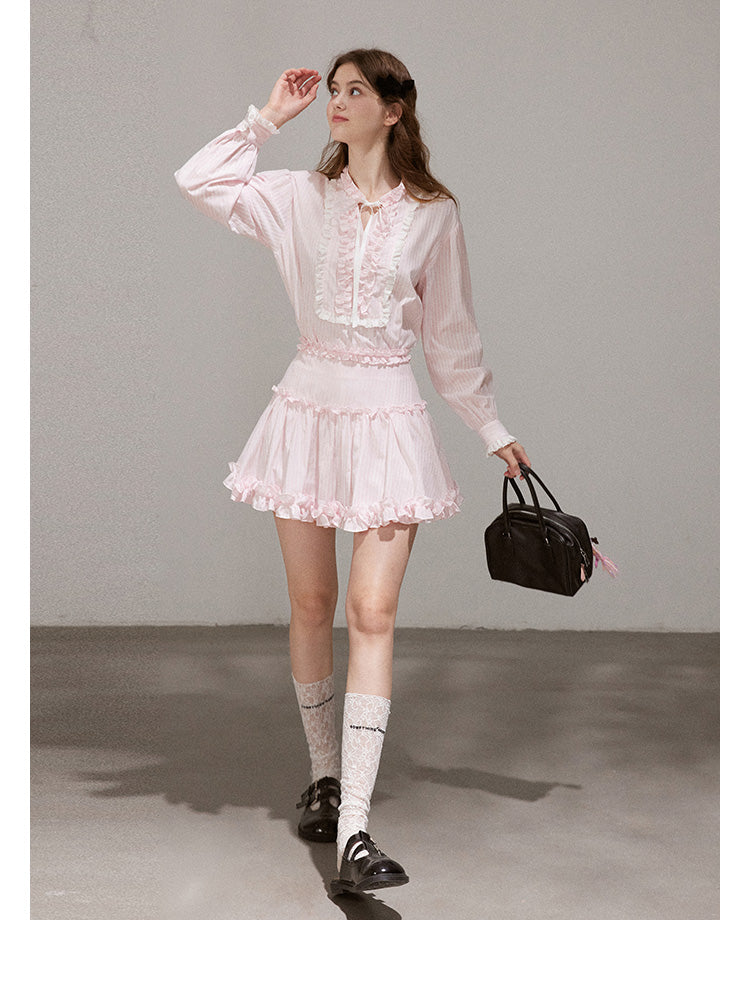 Set "Mist Color Dreamweaver" Women's French ruffled long sleeve shirt and designer mini skirt