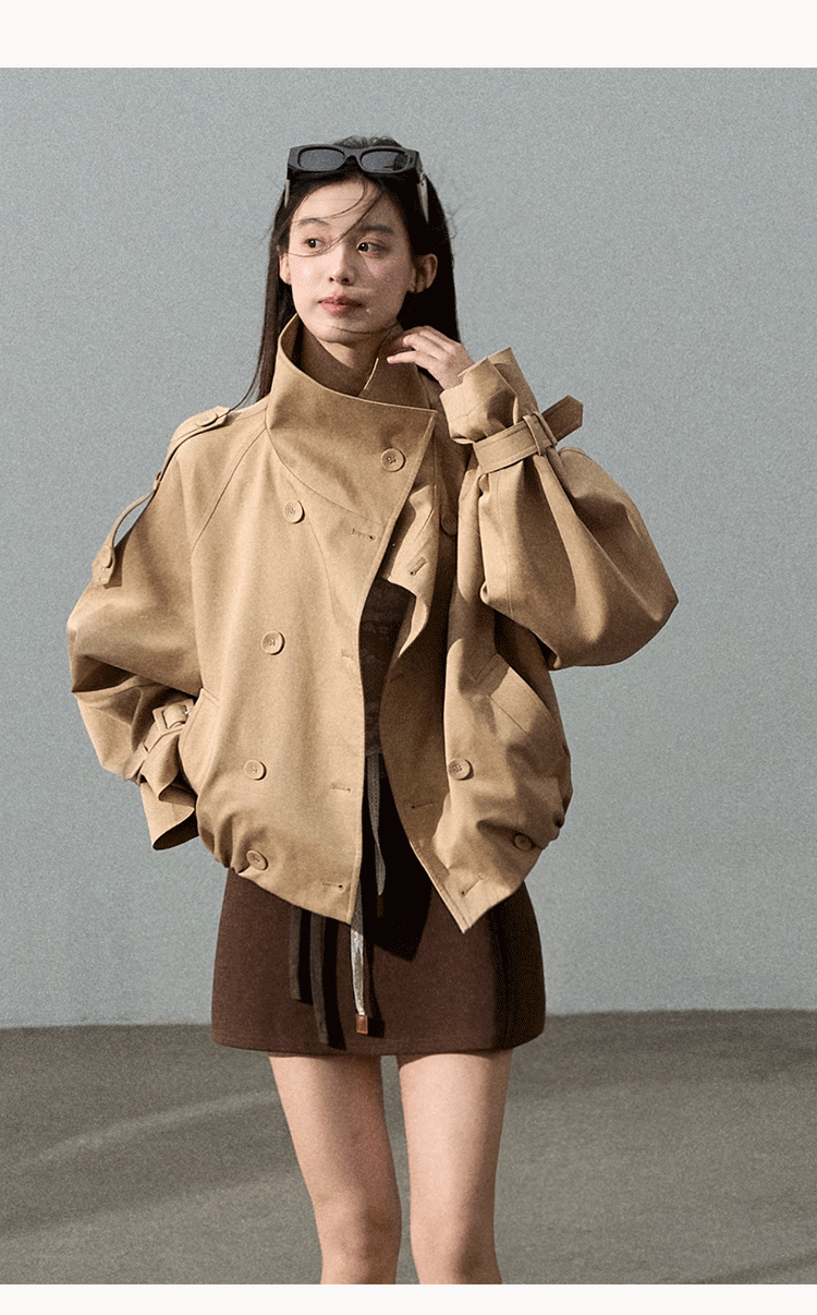 Oakmoo "Through the Oak Woods" Short Double-Breasted Lyocell Cotton Stand Collar Trench Coat