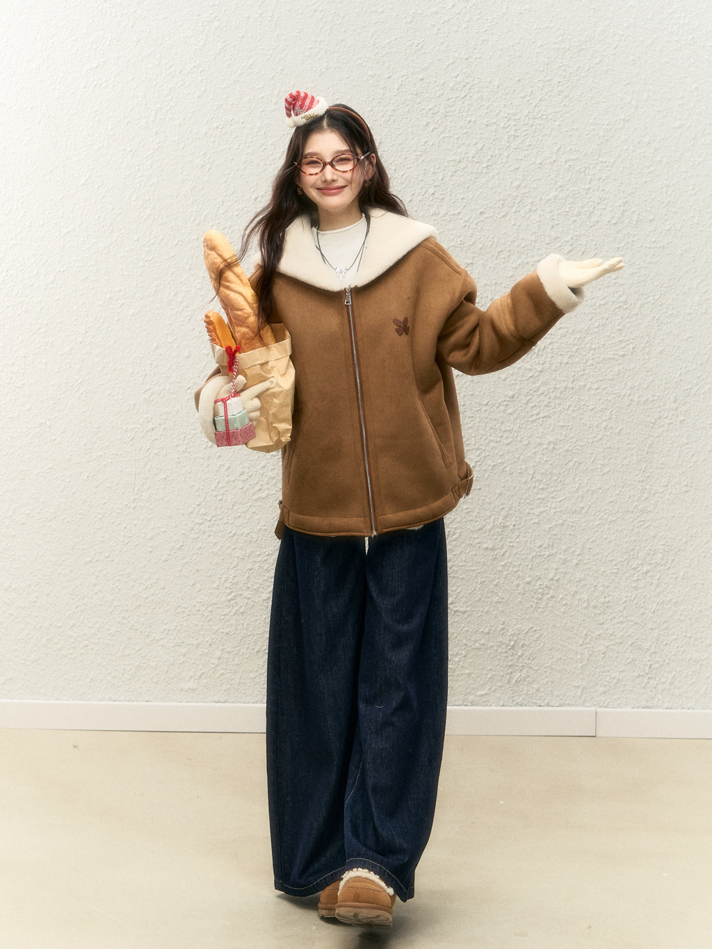 Women's winter warm thick fur coat, warm fur collar, top designed with suede ELEVEN SLEEP