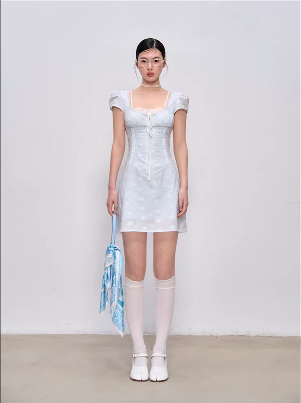LaluneDuCiel Pure cotton long/short dress with square neck, slim waist, lace for women, suitable for spring