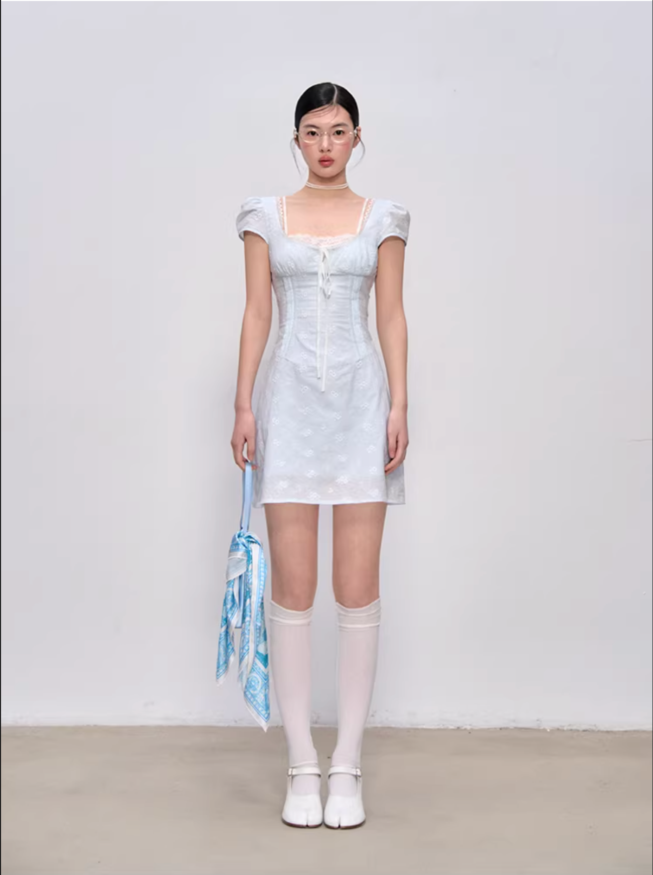 LaluneDuCiel Pure cotton long/short dress with square neck, slim waist, lace for women, suitable for spring