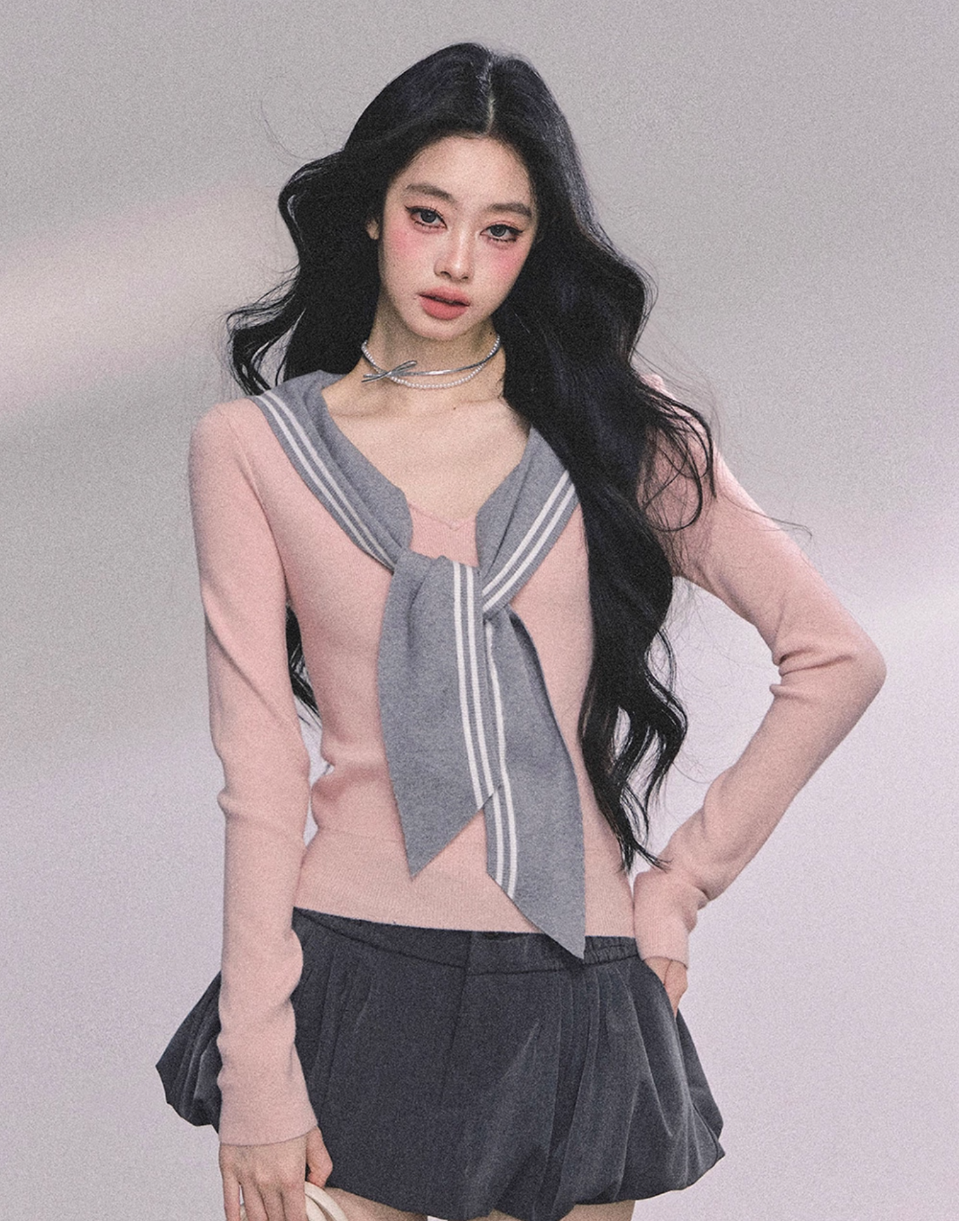 AOMALM Women's American Style "Girl Navigator" Navy Blue Long Sleeve Round Neck T-Shirt for Women Fall Pink