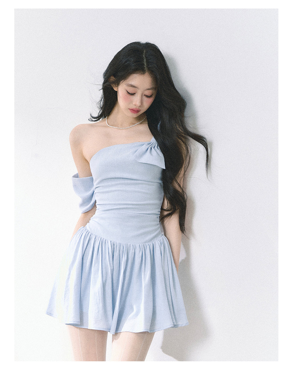Women's Summer French Style High Quality Off-the-Shoulder Dress with Slim Waist and Short Skirt in Blue Shaoyeyan