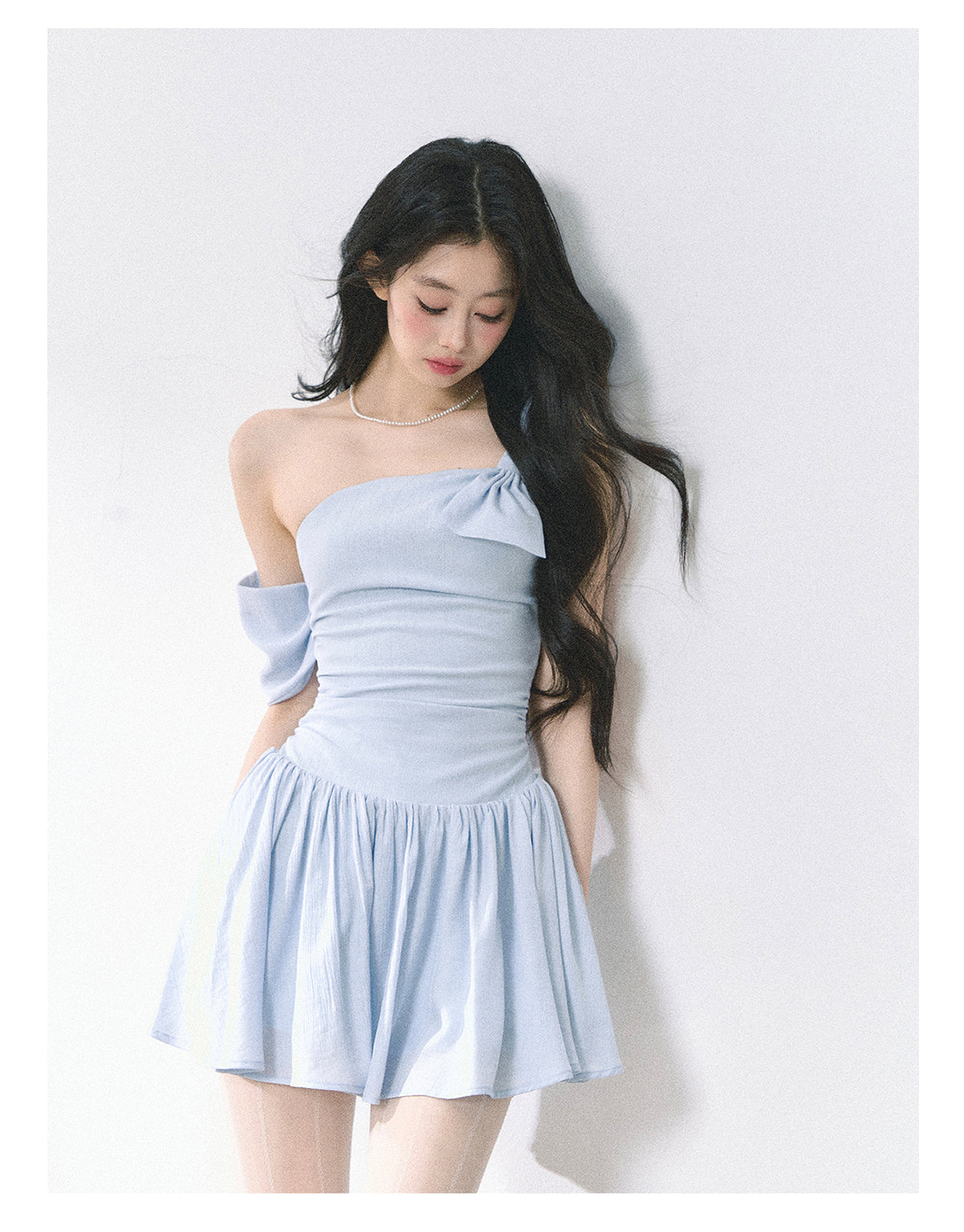 Women's Summer French Style High Quality Off-the-Shoulder Dress with Slim Waist and Short Skirt in Blue Shaoyeyan