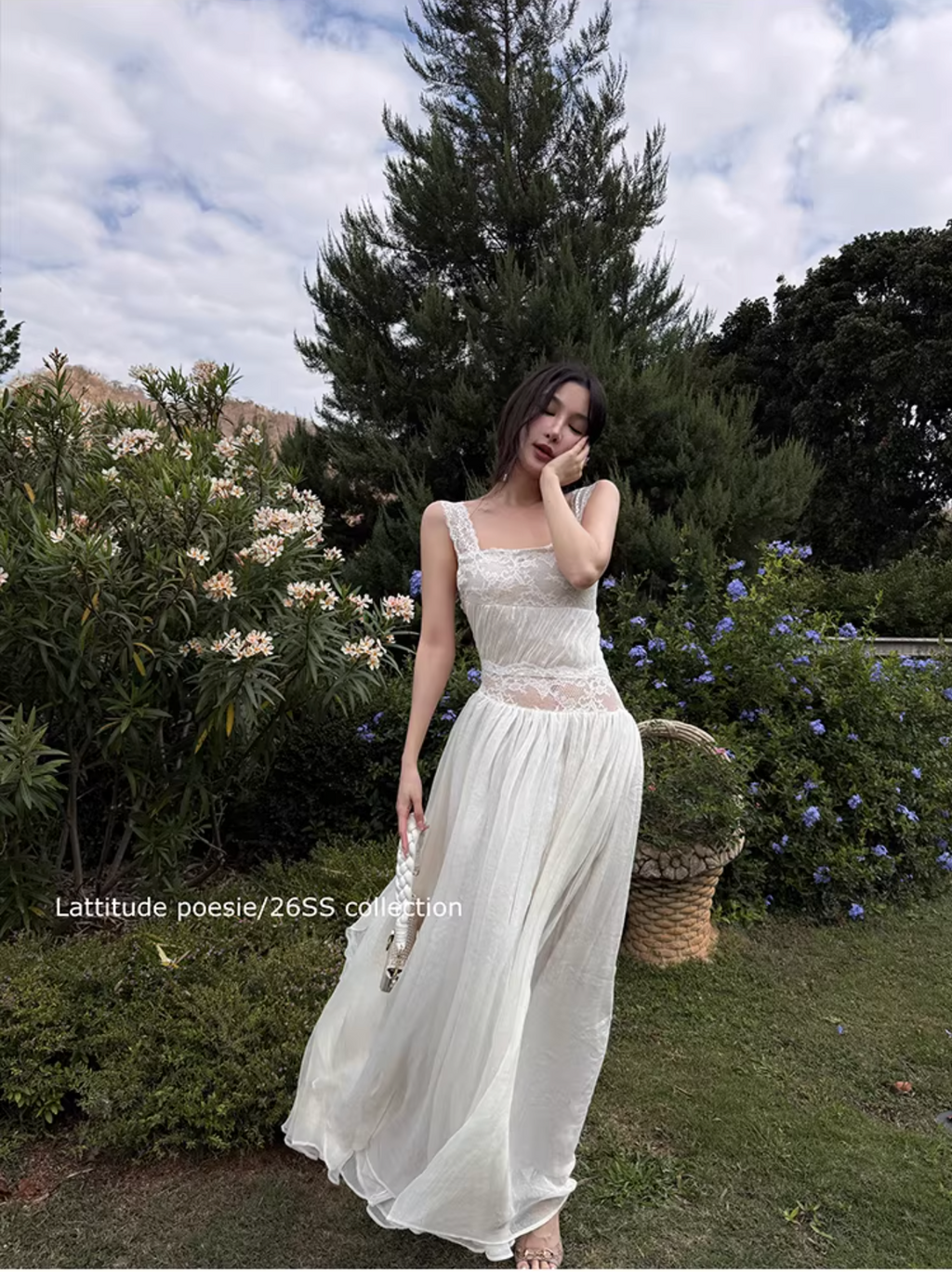LATTITUDE Light amber maxi dress, lace, open back, thin straps