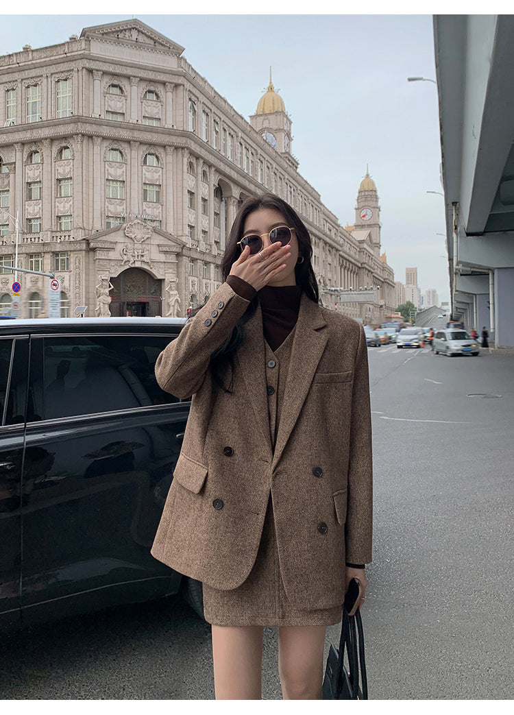 Mulvan classic brown wool tweed vest for women autumn and winter high quality loose fit herringbone pattern