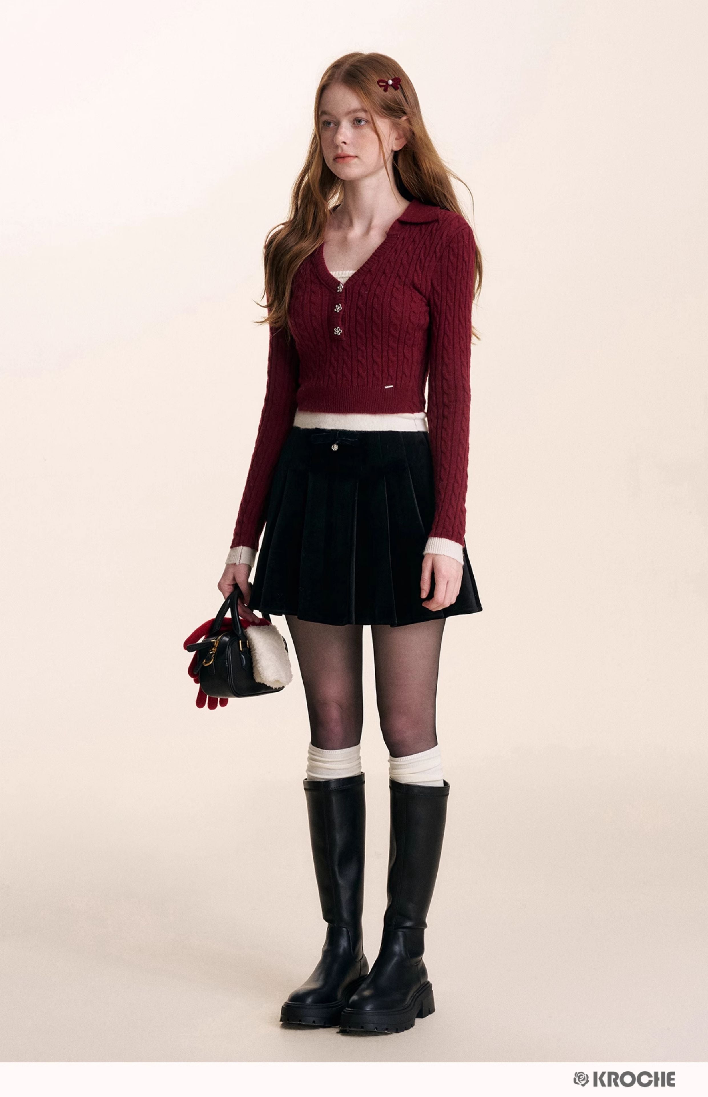 KROCHE Velvet A-line pleated midi skirt with gentle bow for night