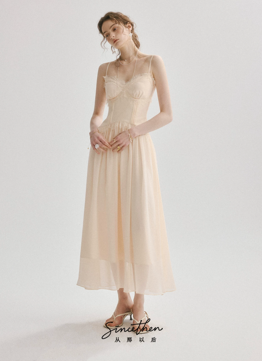 SINCETHEN French evening dresses, resort-style slip dresses, high-waisted lace maxi dresses and summer dresses