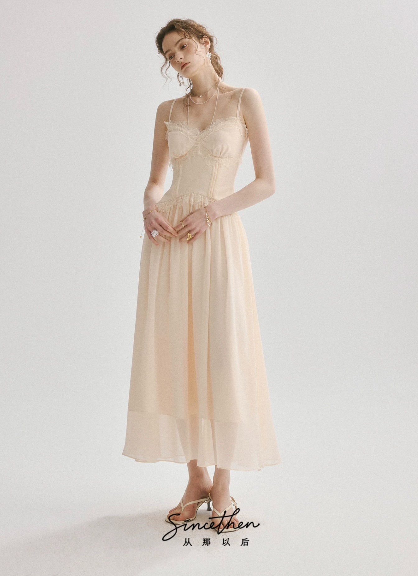 SINCETHEN French evening dresses, resort-style slip dresses, high-waisted lace maxi dresses and summer dresses