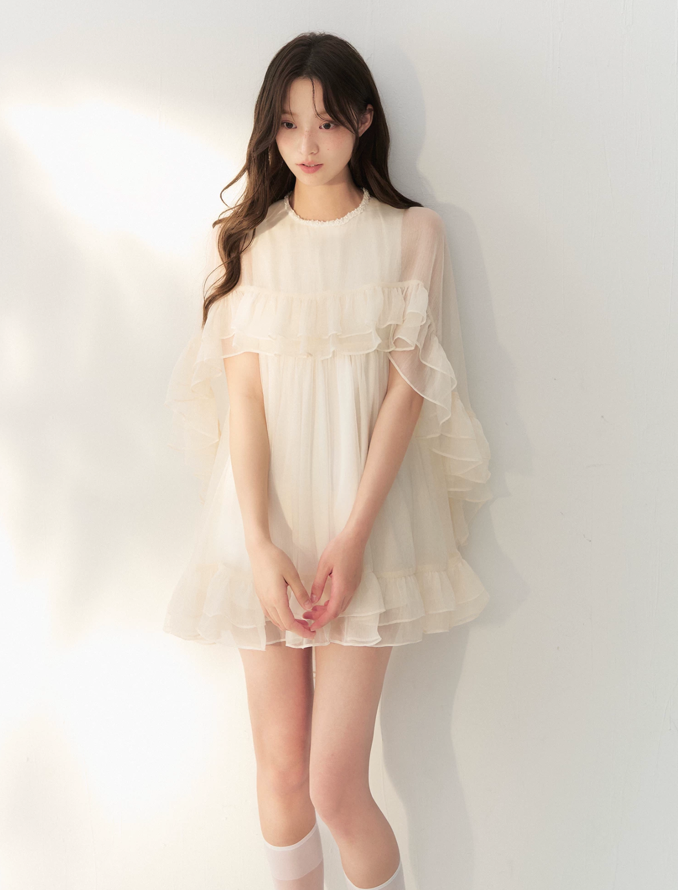RECIT Classic French sleek beige dress with cape, layers of lace and beads, A-line silhouette.