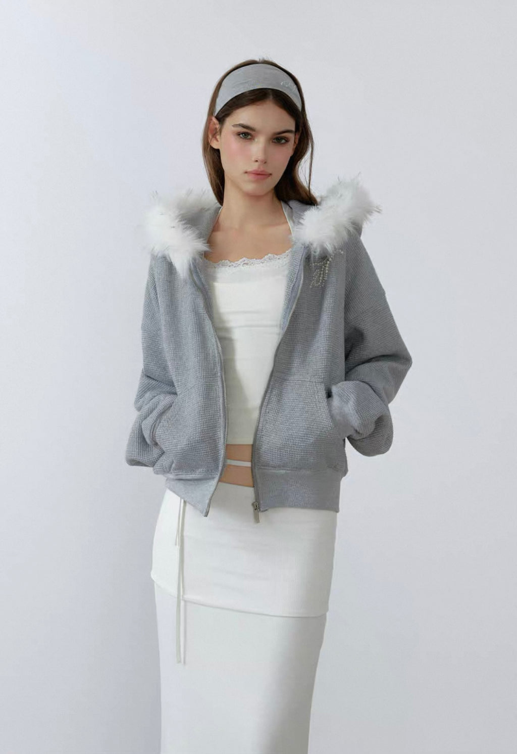 Grey fleece jacket with hood and fur collar