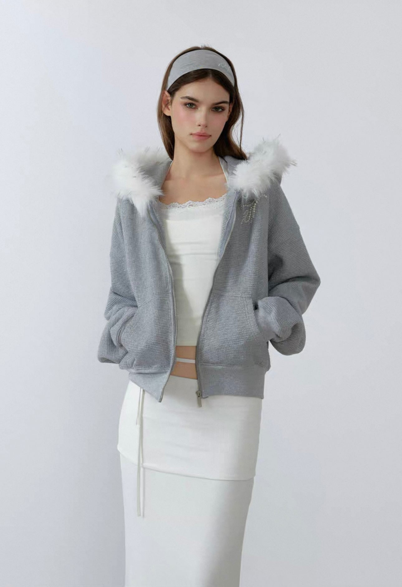 Grey fleece jacket with hood and fur collar