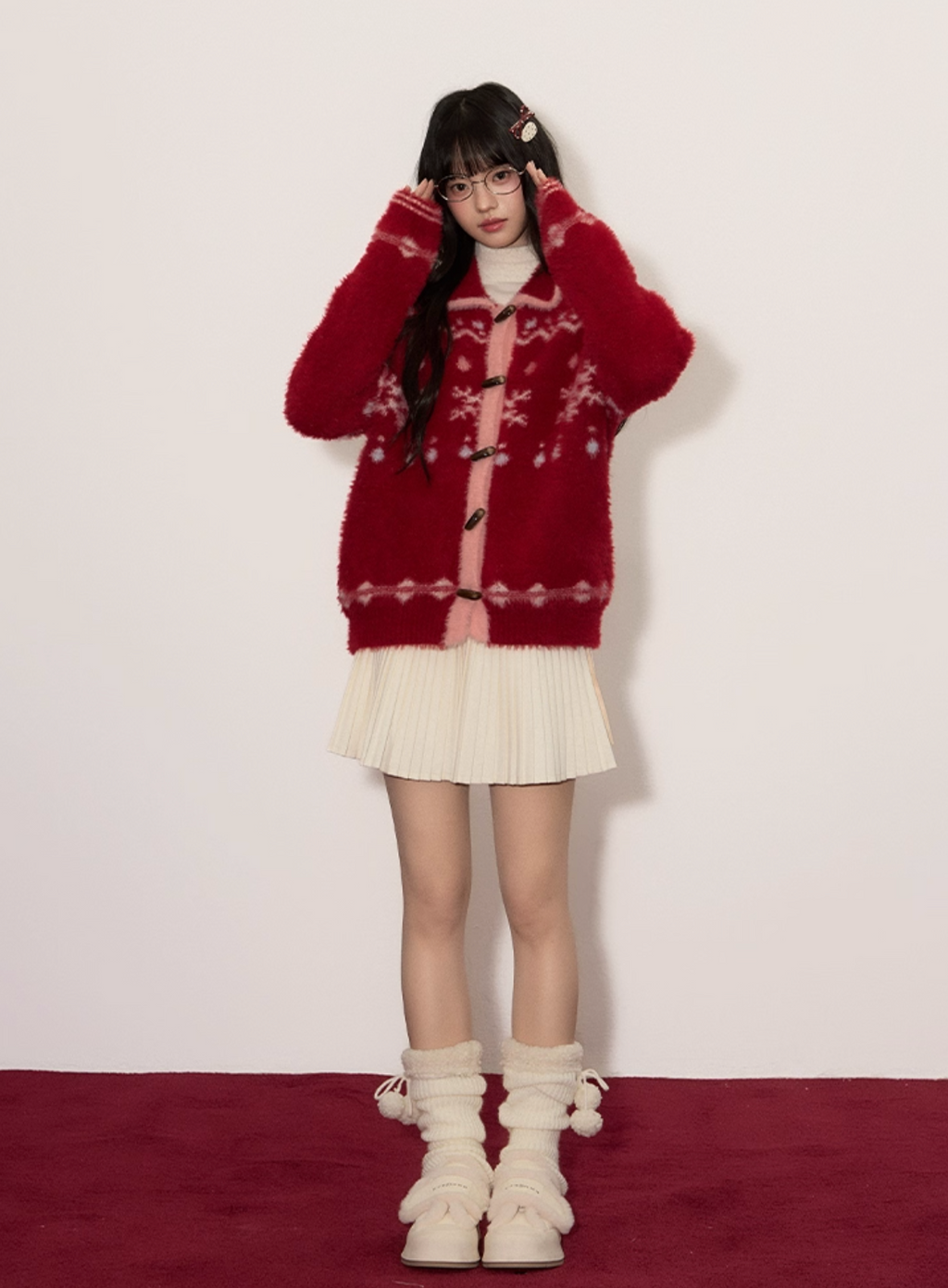 UMOUMO [Christmas & New Year Collection] Umoum Fair Isle Snowflake Mushroom Soft and Versatile Red Faux Mink Cardigan