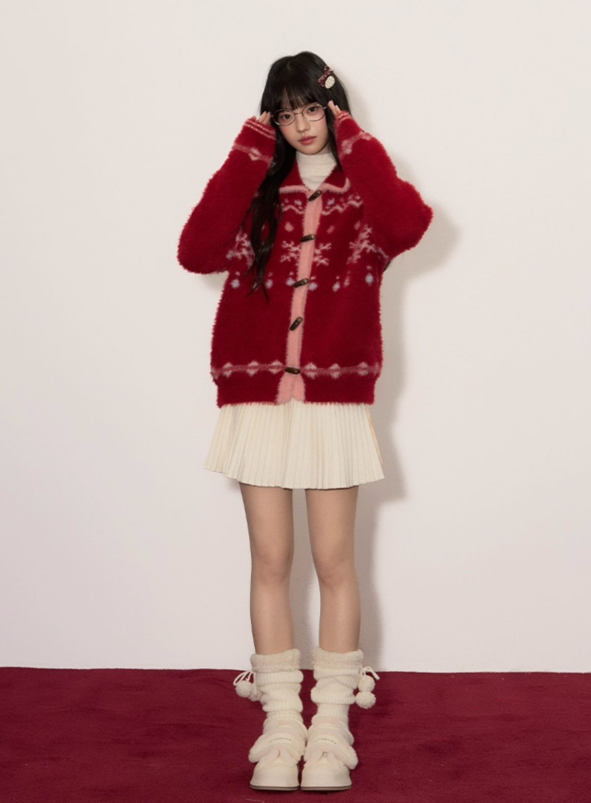 UMOUMO [Christmas & New Year Collection] Umoum Fair Isle Snowflake Mushroom Soft and Versatile Red Faux Mink Cardigan