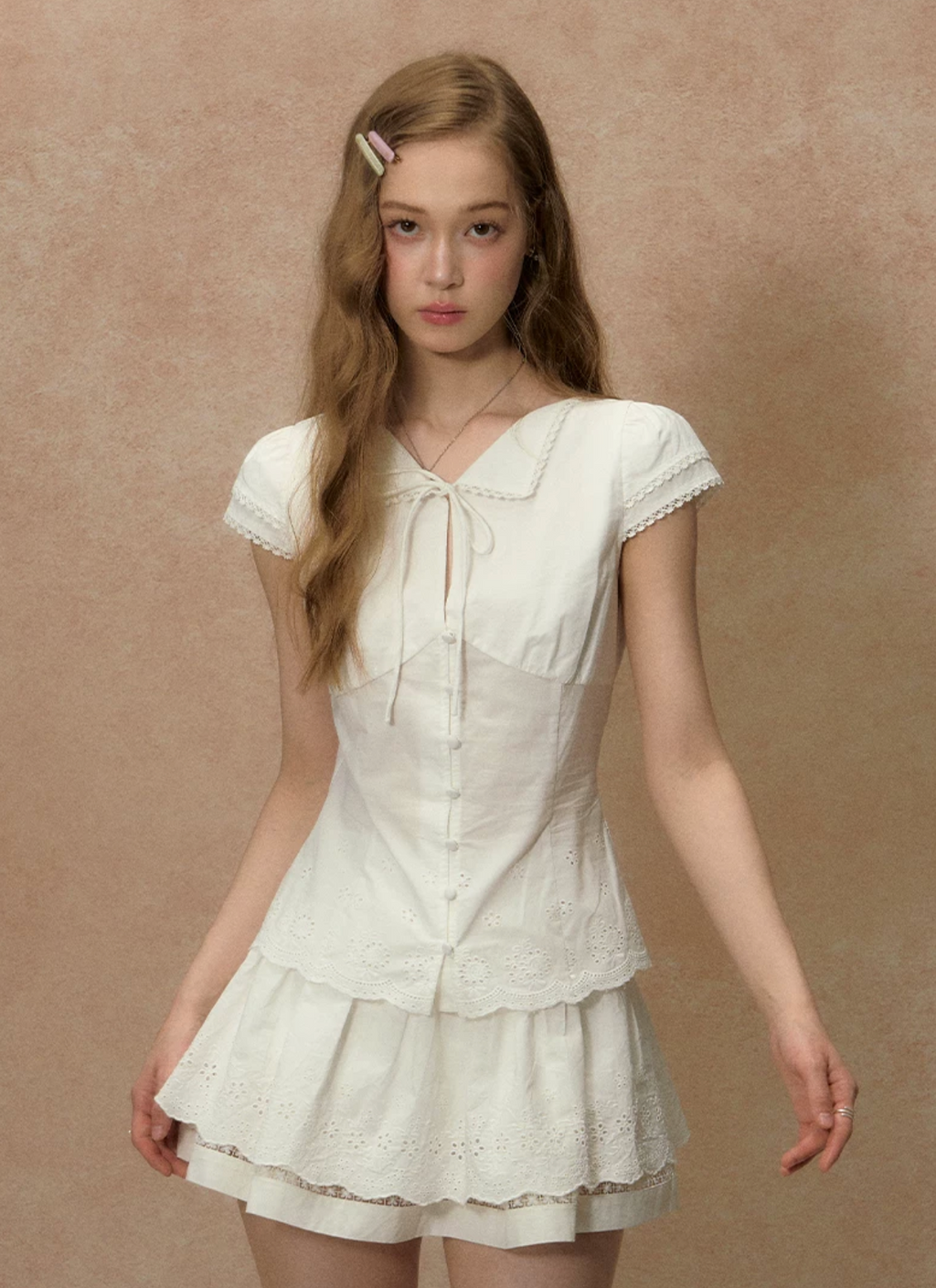 LOLOL "Kite and Wind" white midi skirt for women, summer style, pleated, hole cutout, petite silhouette, lace trim, short skirt