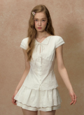 LOLOL "Kite and Wind" white midi skirt for women, summer style, pleated, hole cutout, petite silhouette, lace trim, short skirt