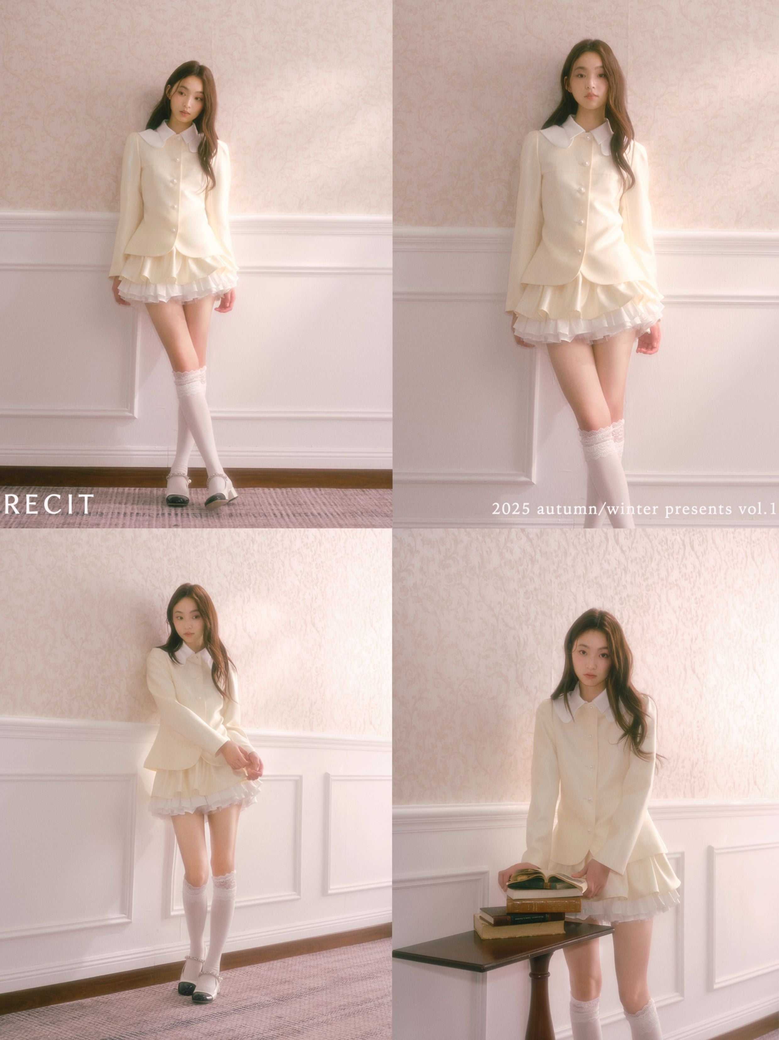 RECIT Chanel-inspired champagne satin two-piece set for fall/winter, featuring a Peter Pan collar jacket and layered puffy skirt.