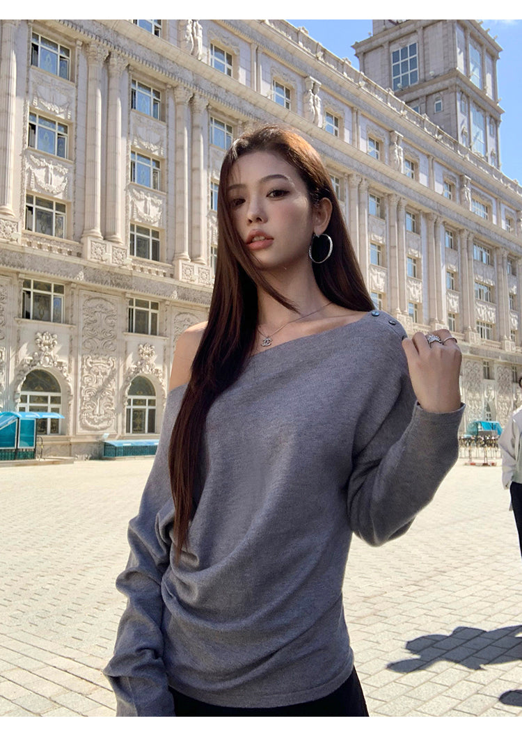 Pusumede one shoulder long sleeve sweater original color temperament female design cross shoulder t-shirt