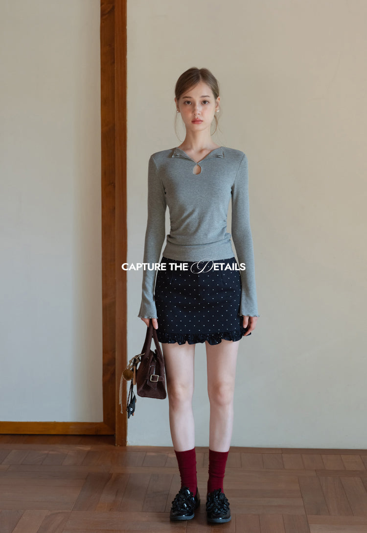 EGGKA Women's long-sleeved V-neck T-shirt with colored trim, new autumn design, slim fit, elegant waistline (sale)