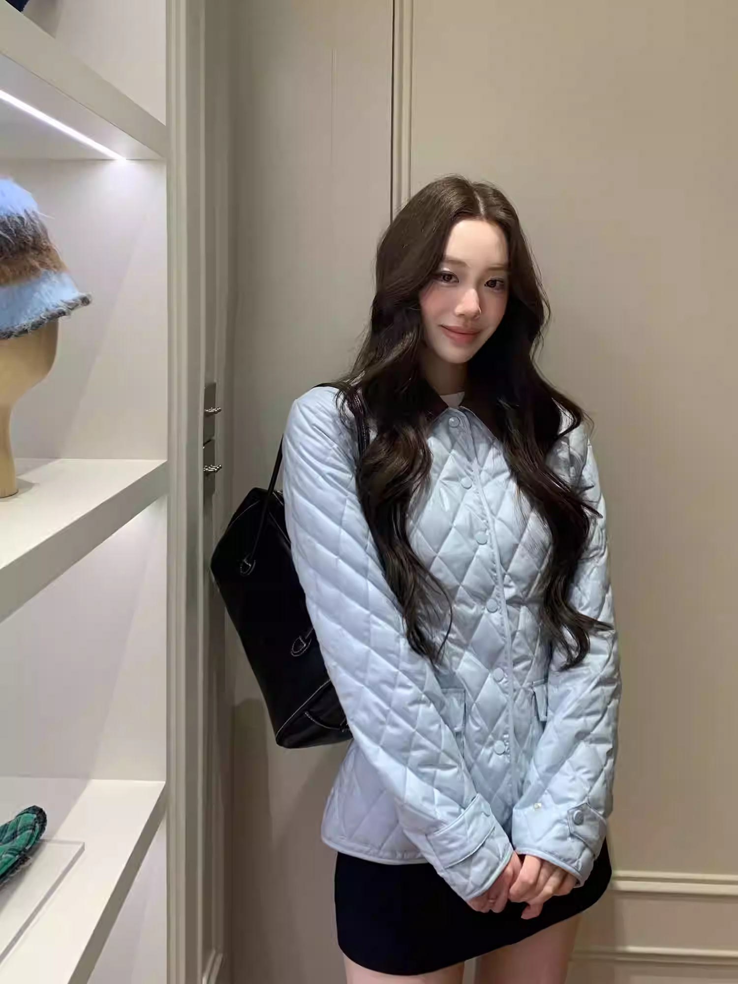 LaluneDuCiel Women's cotton jacket with diamond pattern, light, pearlescent, slim fit, color-coordinated collar, suitable for home wear.