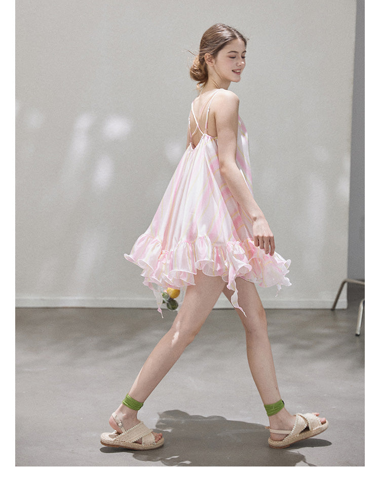"Liuli Tangyu" Short, ruffled pinafore dress in a resort style, featuring a neon ombre Callmelater design.