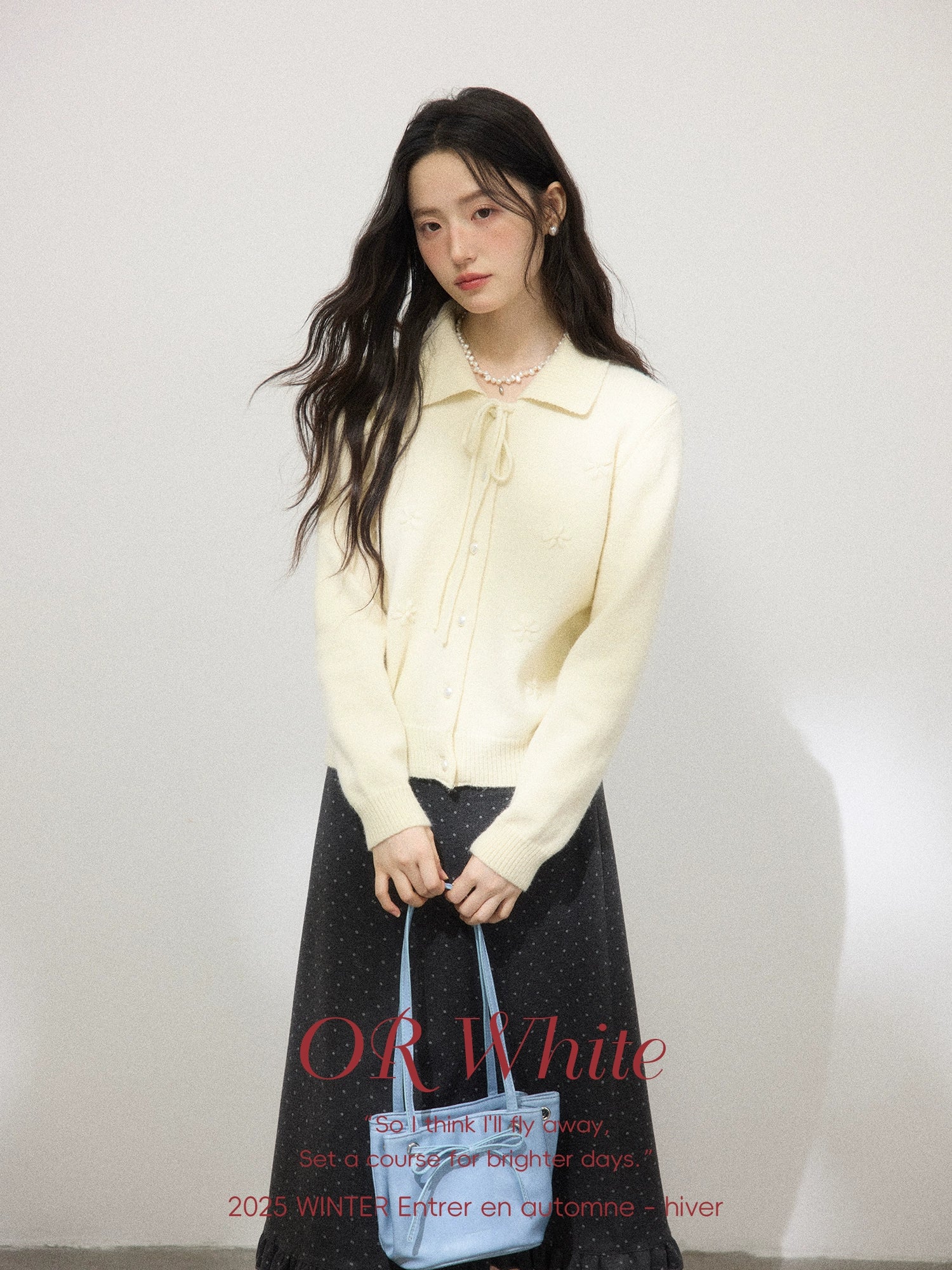 ORWHITE Women's winter knitted wool coat with bow decoration French collar