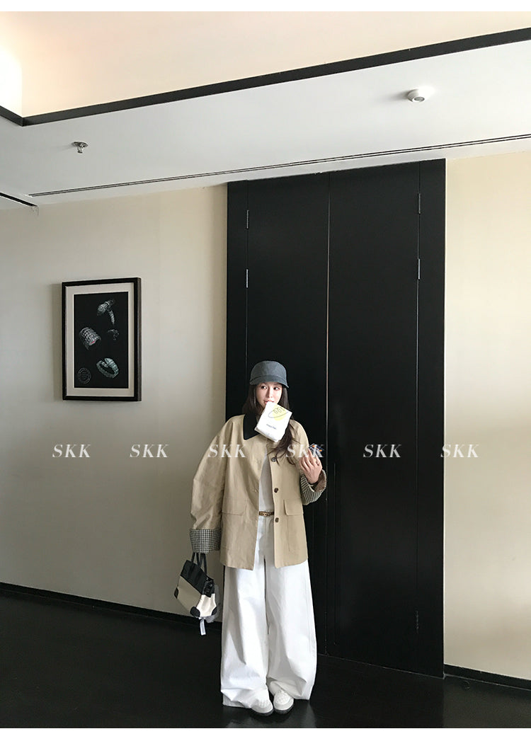 SKK High quality khaki jacket with multi-color plaid pattern, short and loose fit, autumn style for women.