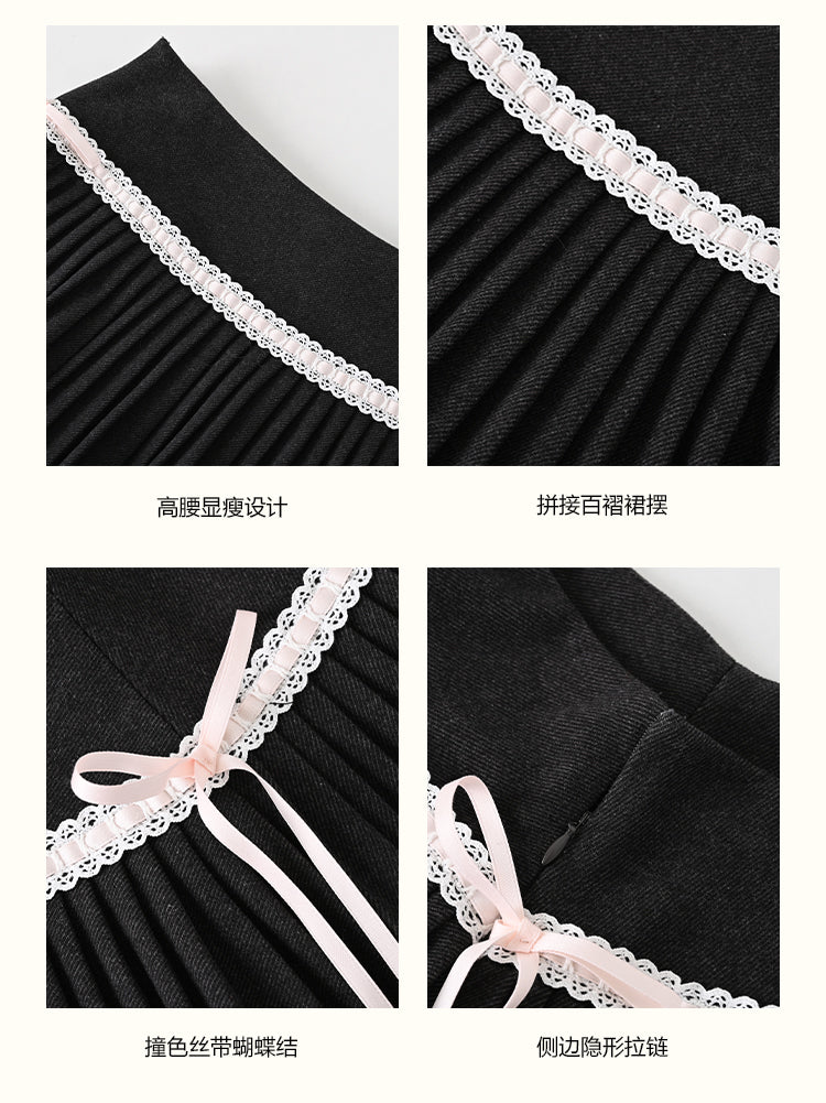 UMOUMO ハイウエストのマッシュルームプリーツミディスカート、レースとリボンのトリム、体型を美しく見せるAラインプリーツスカート