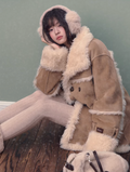 SOOTESEASON Soote Season's original Korean-style loose suede collar fleece jacket, knee-length.