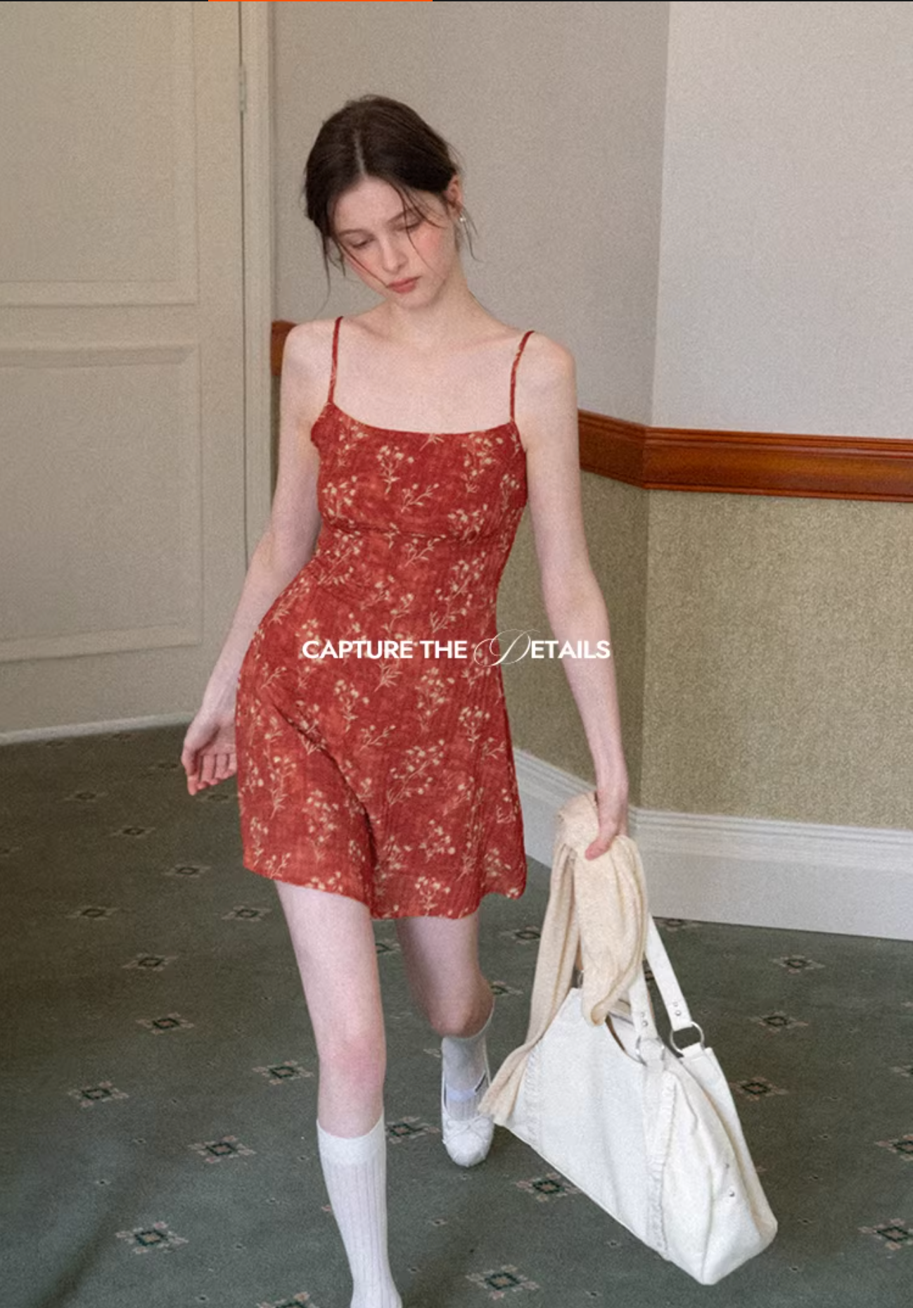 EGGKA Red French maxi dress with floral print, patterned woven fabric, A-line shape helps slim the figure
