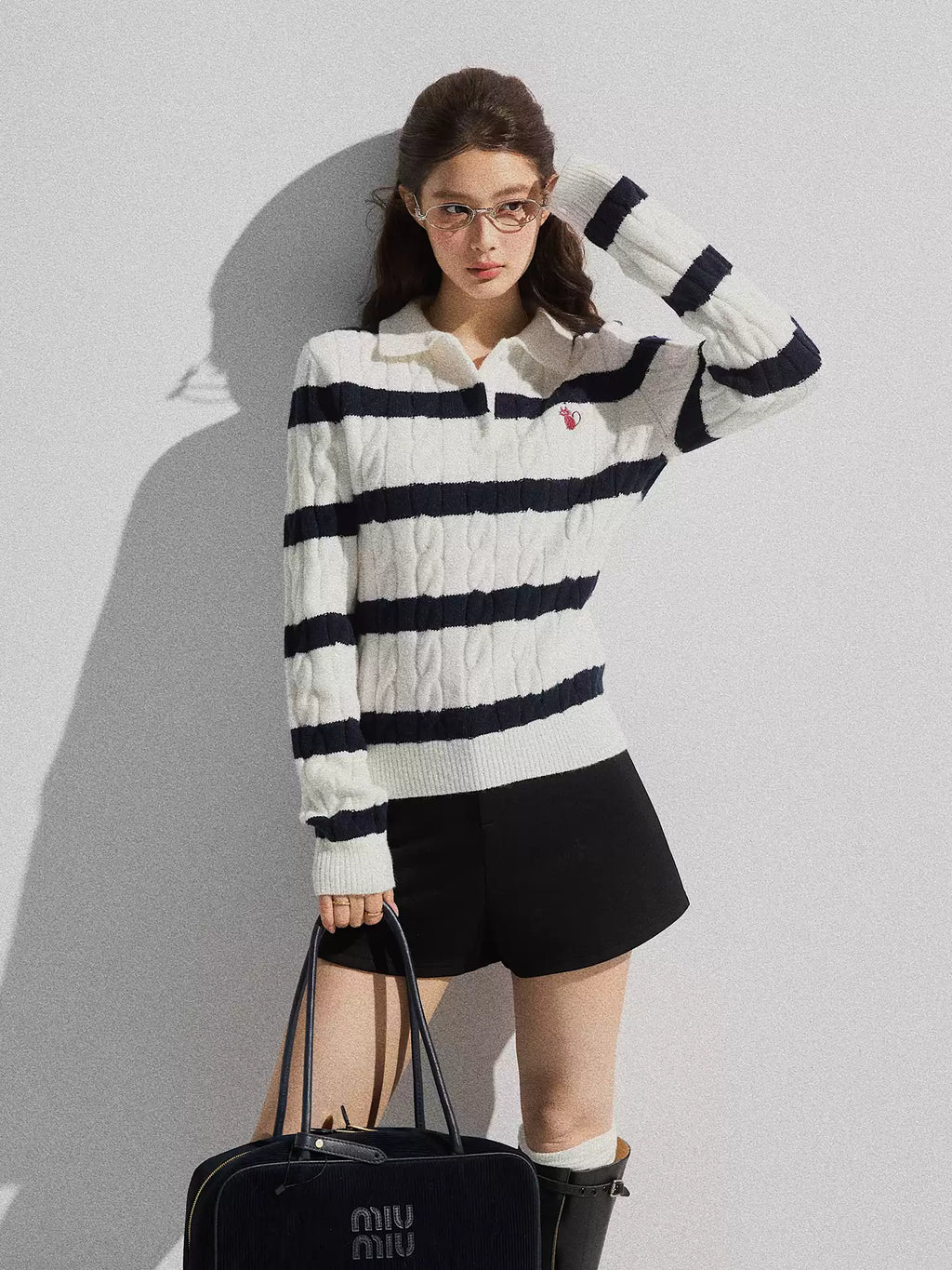 Therous New Korean Style Women's Autumn Loose Knitted Striped Polo Collar Sweater